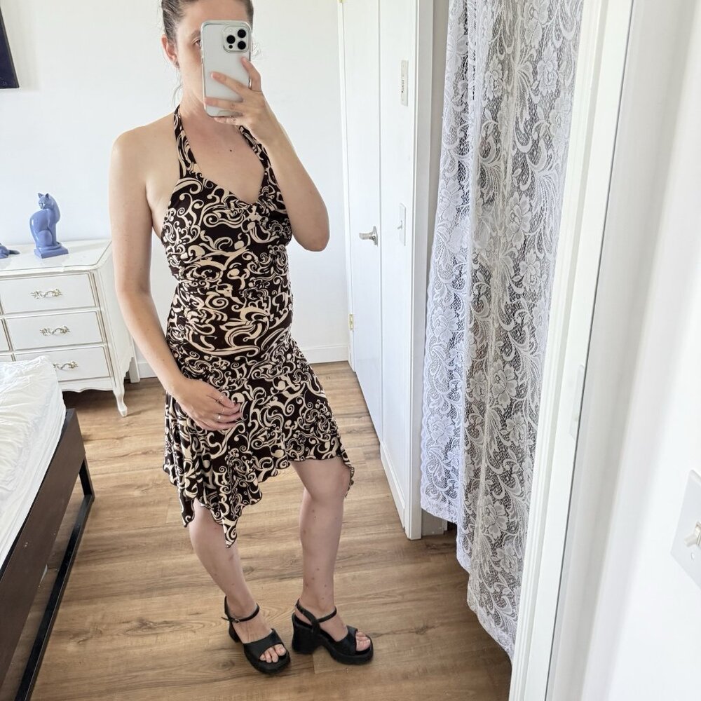 Y2K Ruby Rox Brown Floral Mini Dress Ruched Halter Fairy 90s Asymmetrical Hem S